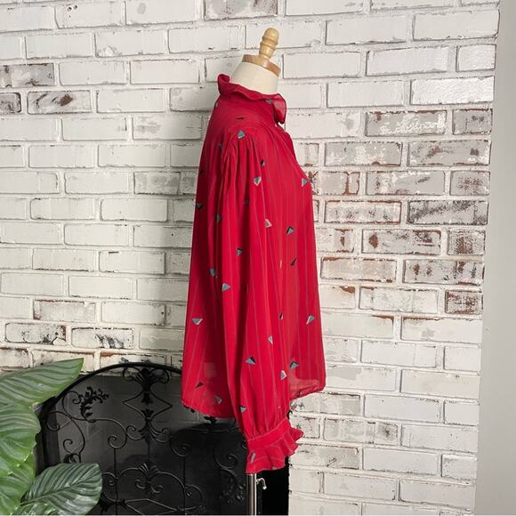 Vintage Red Teal Geometric Print Ruffle Sheer Long Sleeve Gathered Shoulder Top - Picture 6 of 11